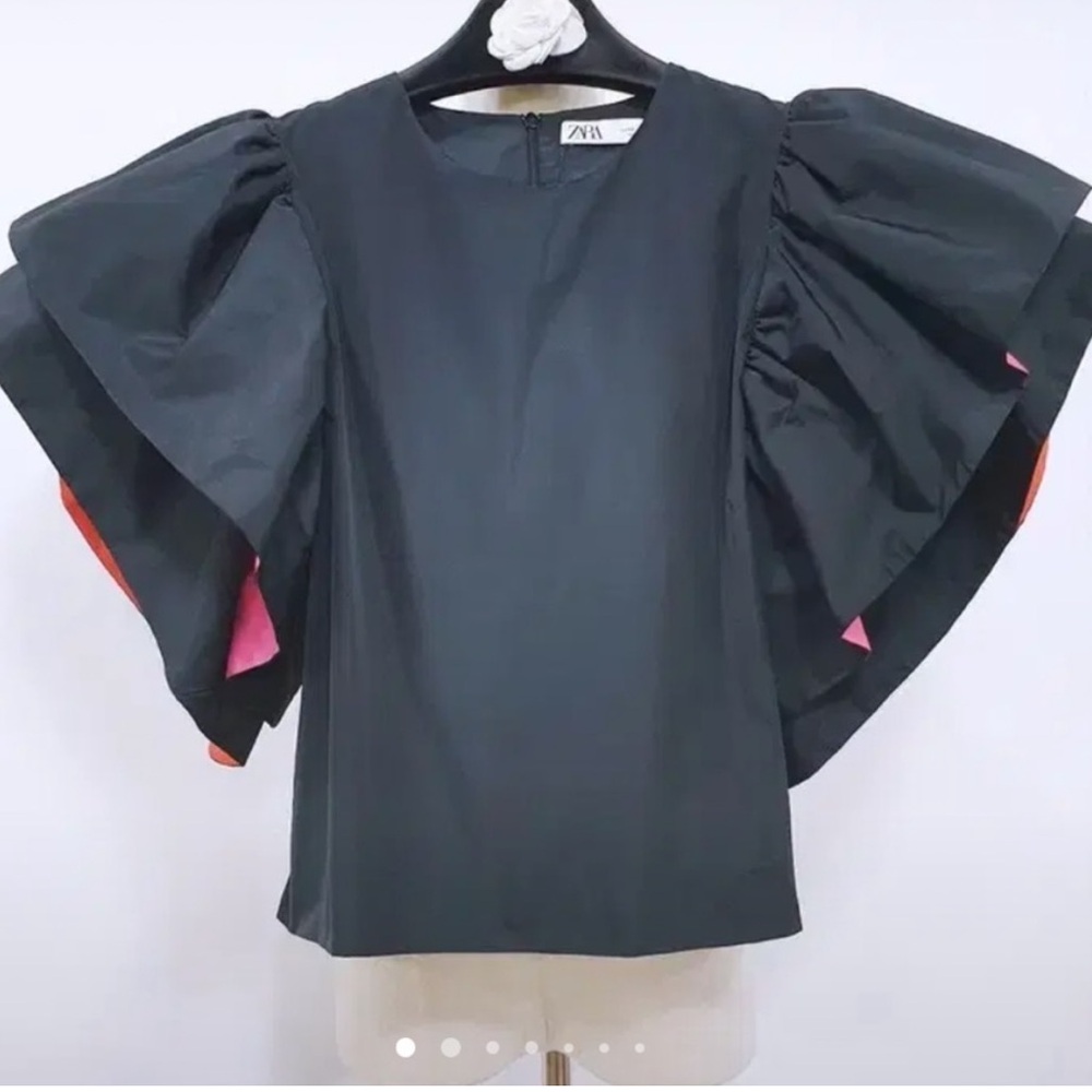 Zara Black Top with Pink and Orange Voluminous Sleeves M